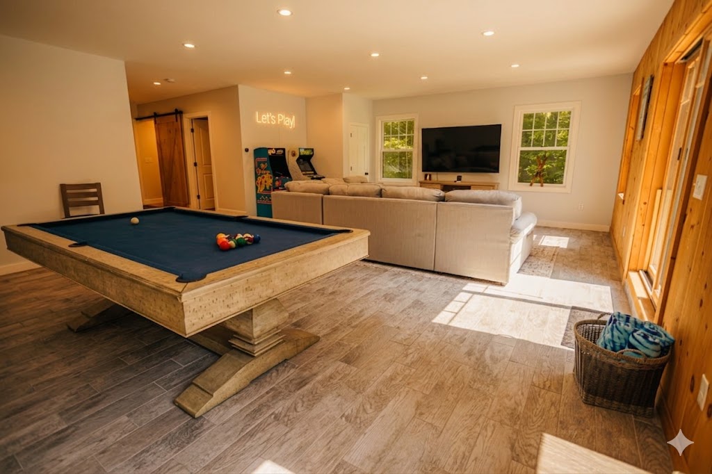 Downstairs game room with a pool table, two classic arcade cabinets, an L-shaped sectional, and a wall-mounted TV